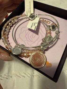Alex and Ani Rose Charm and Beaded Bangle Set in Blush and Silver